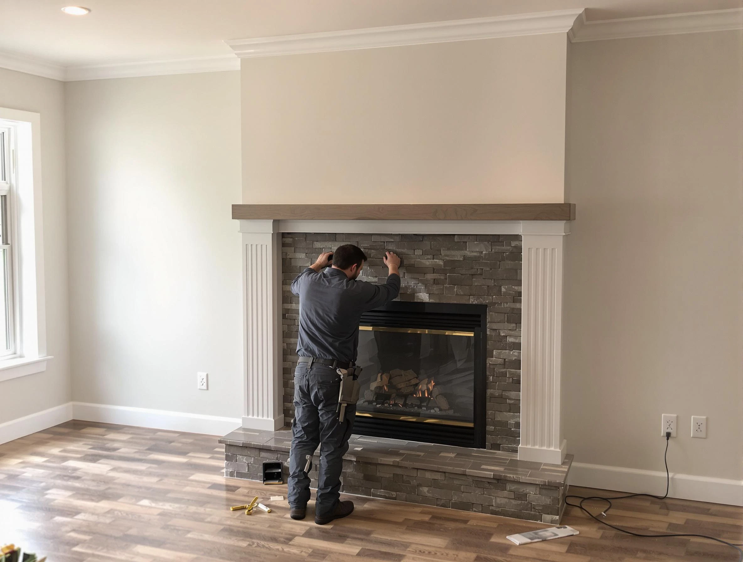 Firestone Chimney Sweep finishing a custom fireplace install in Firestone, CO
